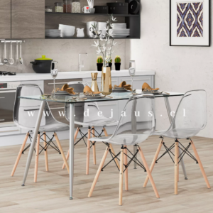 Mesa Lyon Silver con Sillas Eames Transparente