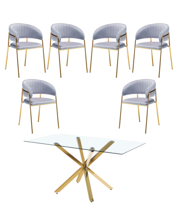 Comedor para 6 Personas Mesa Rectangular Warwick Gold con 6 Sitiales Isa Gold