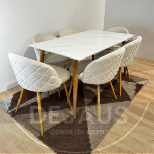 Mesa Rectangular Cuarzo Calacatta con 6 Sillas Tokio Felpa