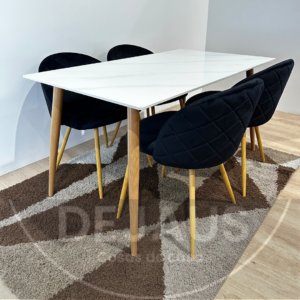 Mesa Rectangular Cuarzo Calacatta con 4 Sillas Tokio Felpa