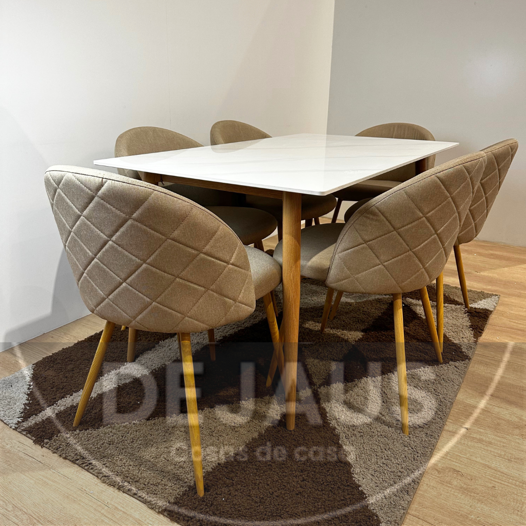 Mesa Rectangular Cuarzo Calacatta con 6 Sillas Tokio Lino
