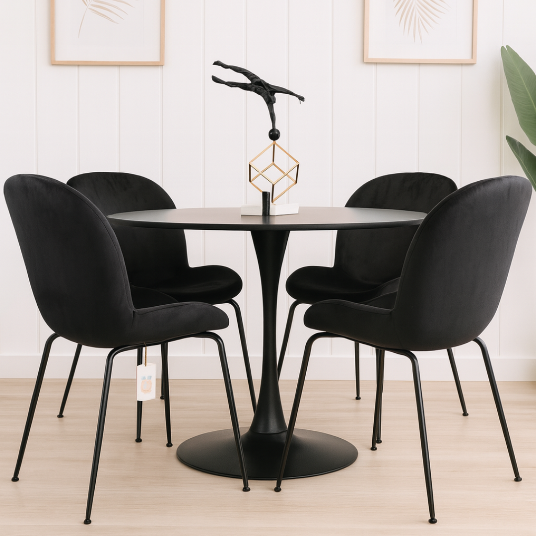 Comedor 4 Personas Mesa Tulip Negra con Sillas Beetle Gold