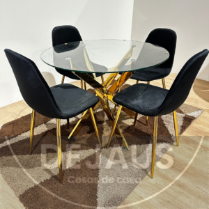 Comedor 4 Personas Mesa Dubai Gold con Sillas Milano Felpa Gold