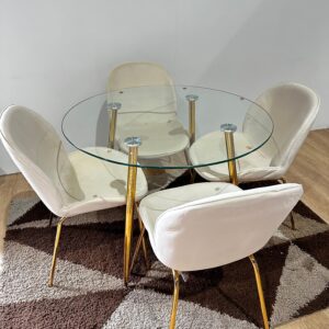 Mesa redonda Lyon Gold con 4 Sillas Beetle Felpa Gold