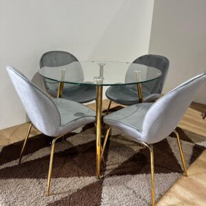 Mesa redonda Lyon Gold (100cm) con 4 sillas Beetle Felpa Gold