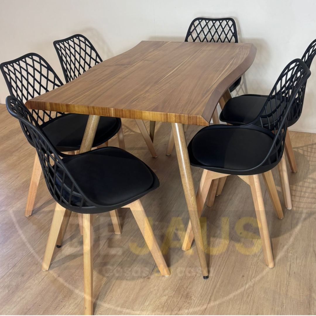 Mesa Rectangular Nordica Madera con 6 Sillas Tulip Mesh