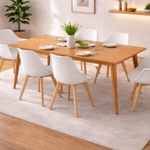 Comedor 6 Personas Mesa Vema Rectangular con 4 Sillas Tulip y 2 Butacas Tulip