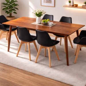 Comedor 6 Personas Mesa Vema Rectangular Walnut con 4 Sillas Tulip y 2 Butacas Tulip