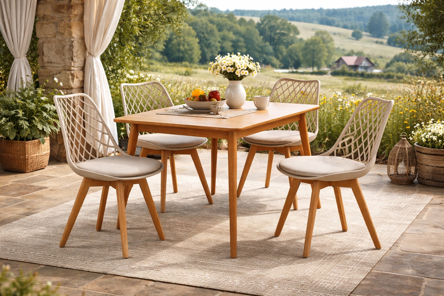 Comedor 4 Personas Mesa Vema Cuadrada con Sillas Tulip Mesh