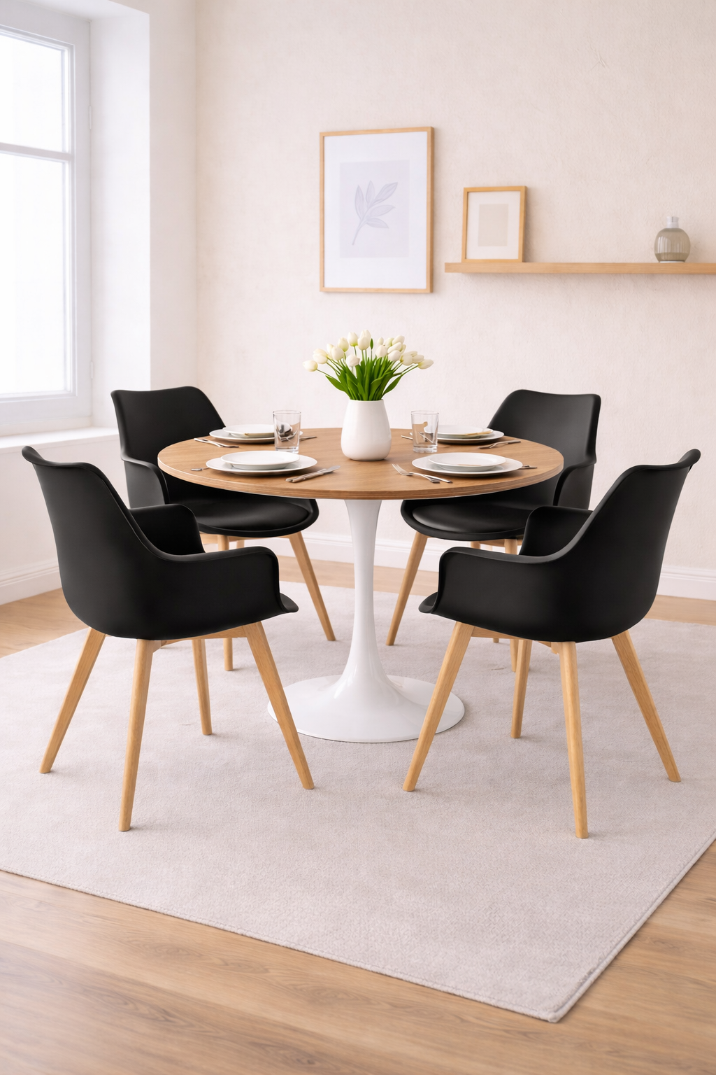 Comedor 4 Personas Mesa Tulip Madera Blanco con Butaca Tulip Acolchada - Imagen 2