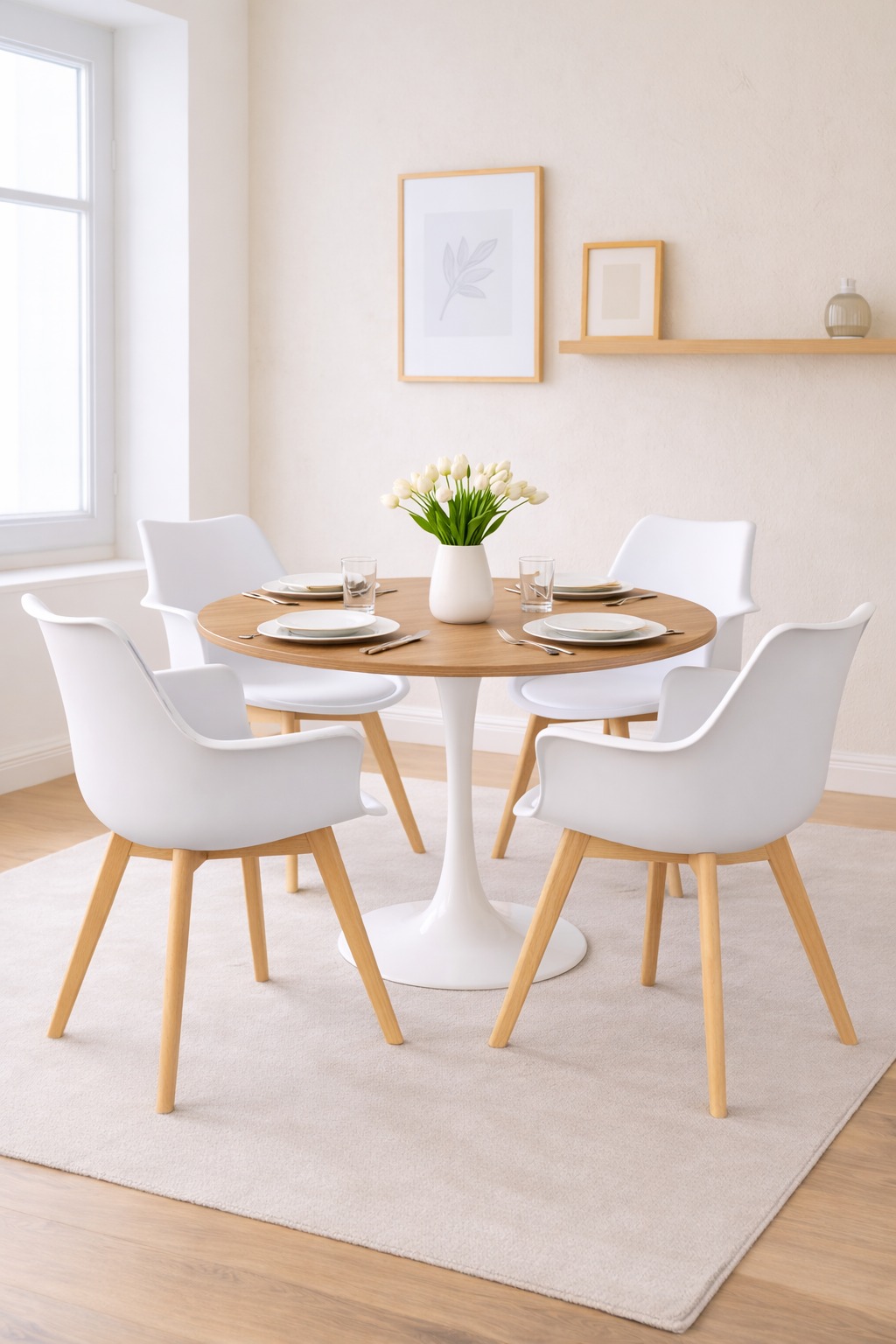 Comedor 4 Personas Mesa Tulip Madera Blanco con Butaca Tulip Acolchada