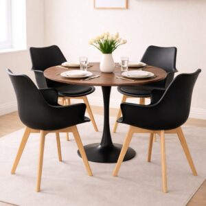 Comedor 4 Personas Mesa Tulip Madera Negro con Butaca Tulip Acolchada