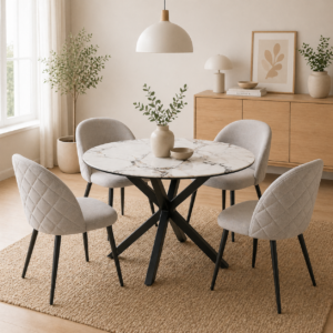 Mesa de Comedor Warwick Redonda Stone Black mas 4 Sillas Tokio Lino Black