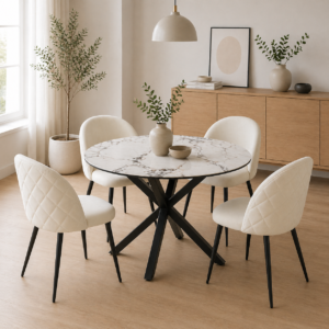 Mesa de Comedor Warwick Redonda Stone Black mas 4 Sillas Tokio Felpa Black