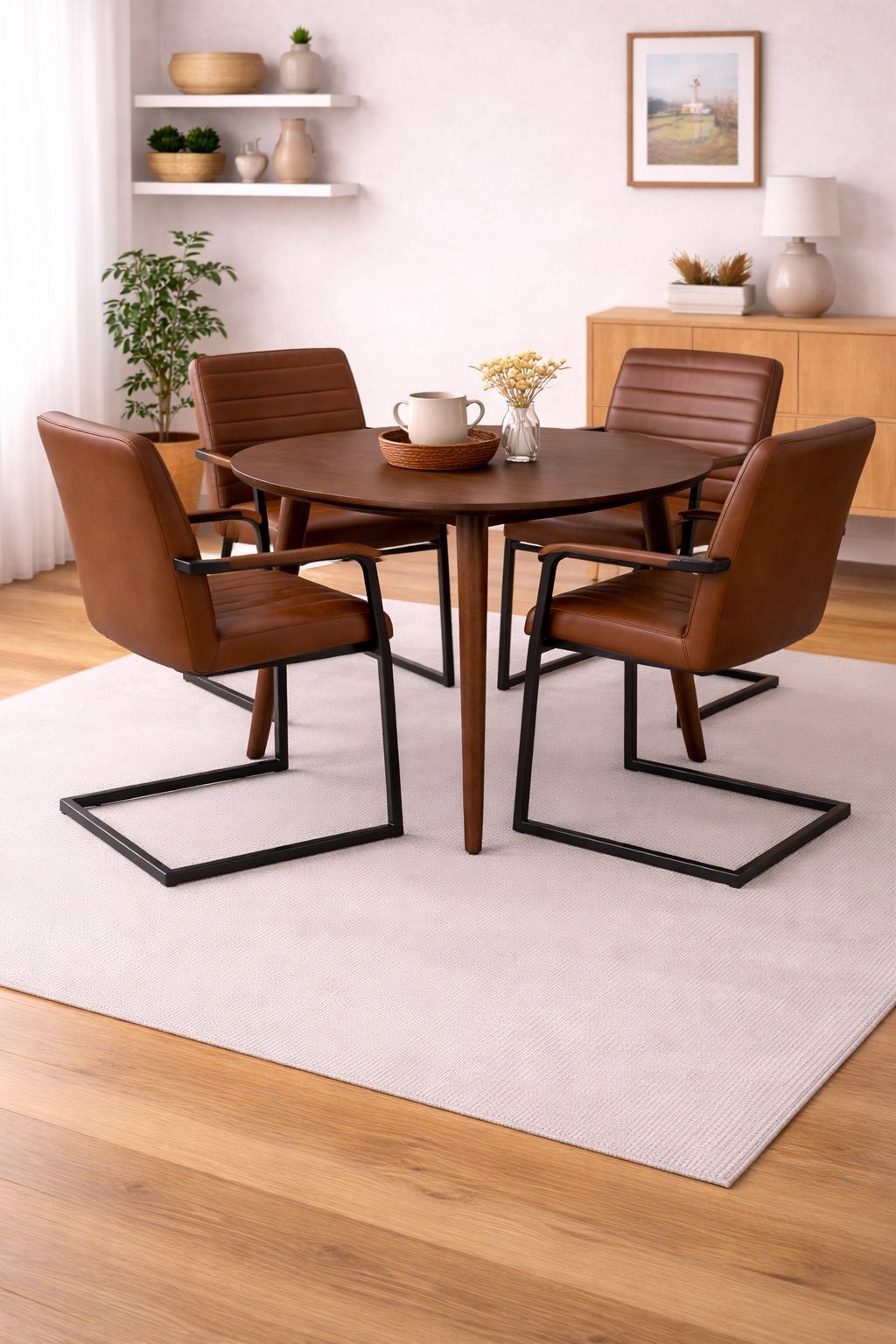 Mesa de comedor Vema Redonda con 4 sitial burgos marron