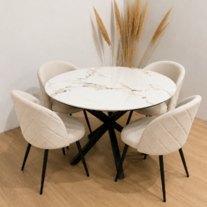Mesa de Comedor Warwick Redonda Stone mas 4 Sillas Tokio Felpa Black