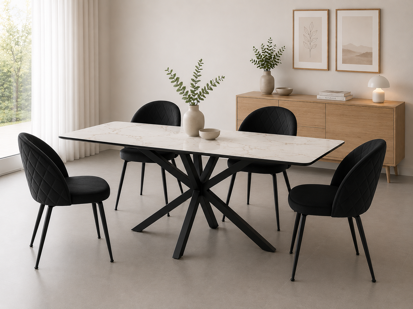 Mesa Rectangular Warwick Stone con 4 Silla Tokio Felpa Black