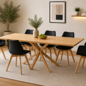 Mesa Warwick Wood con 4 Sillas Tulip y 2 Butacas Tulip Acolchadas