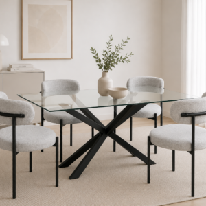 Mesa Rectangular Warwick Vidrio Black con 4 Sillas Oslo Lino Black