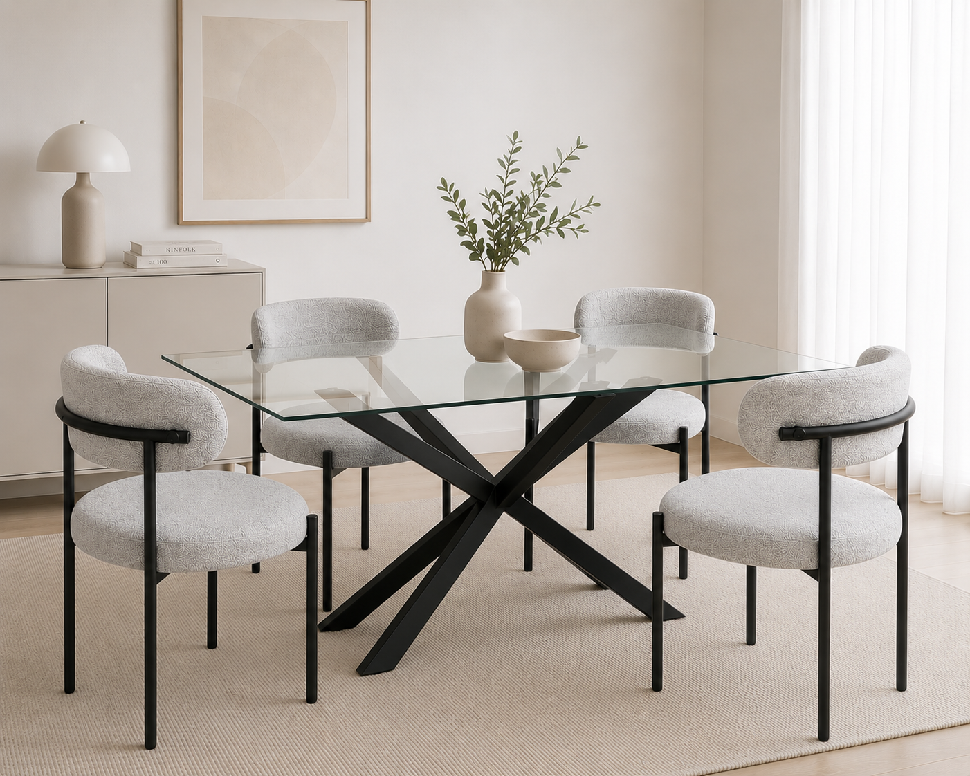 Mesa Rectangular Warwick Vidrio Black con 4 Sillas Oslo Lino Black