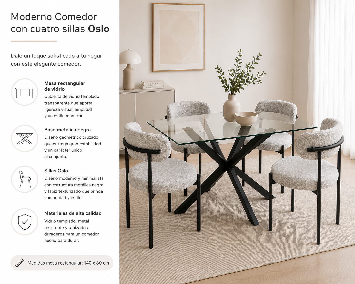 Mesa Rectangular Warwick Vidrio Black con 4 Sillas Oslo Lino Black - Imagen 5