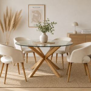 Mesa Warwick Redonda Vidrio Wood con 4 Sitiales Diana Felpa Wood