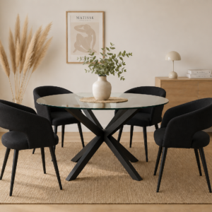 Mesa Warwick Redonda Vidrio Black con 4 Sitiales Diana Felpa Black