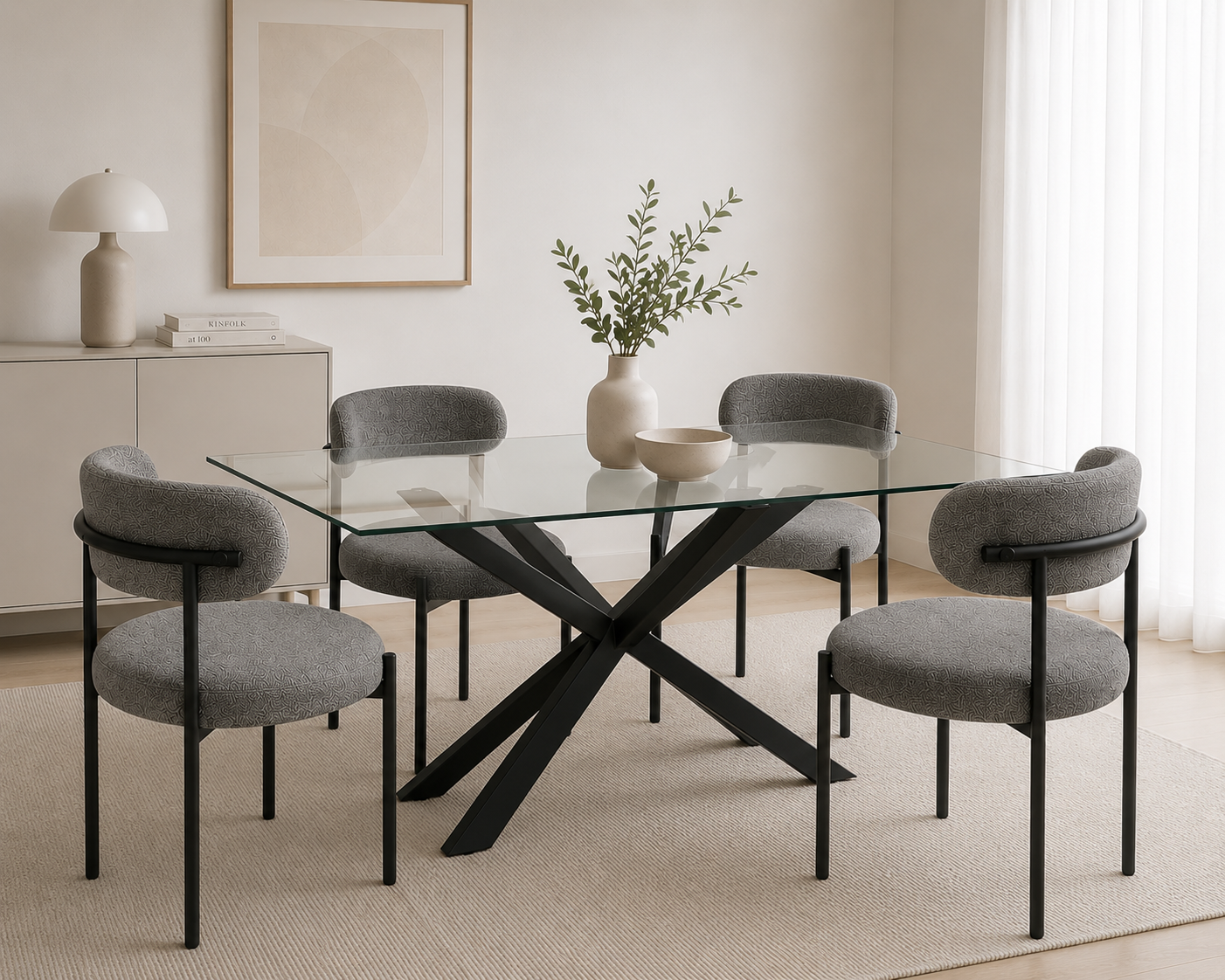 Mesa Rectangular Warwick Vidrio Black con 4 Sillas Oslo Lino Black - Imagen 2