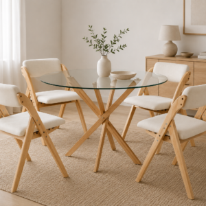 Comedor Mesa Dubai Redonda Vidrio con 4 Sillas Rita Plegable Acolchada