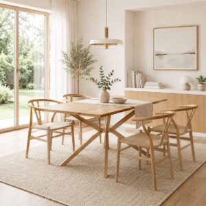 Mesa Rectangular Yarda Wood con 4 Sillas Wishbone Madera