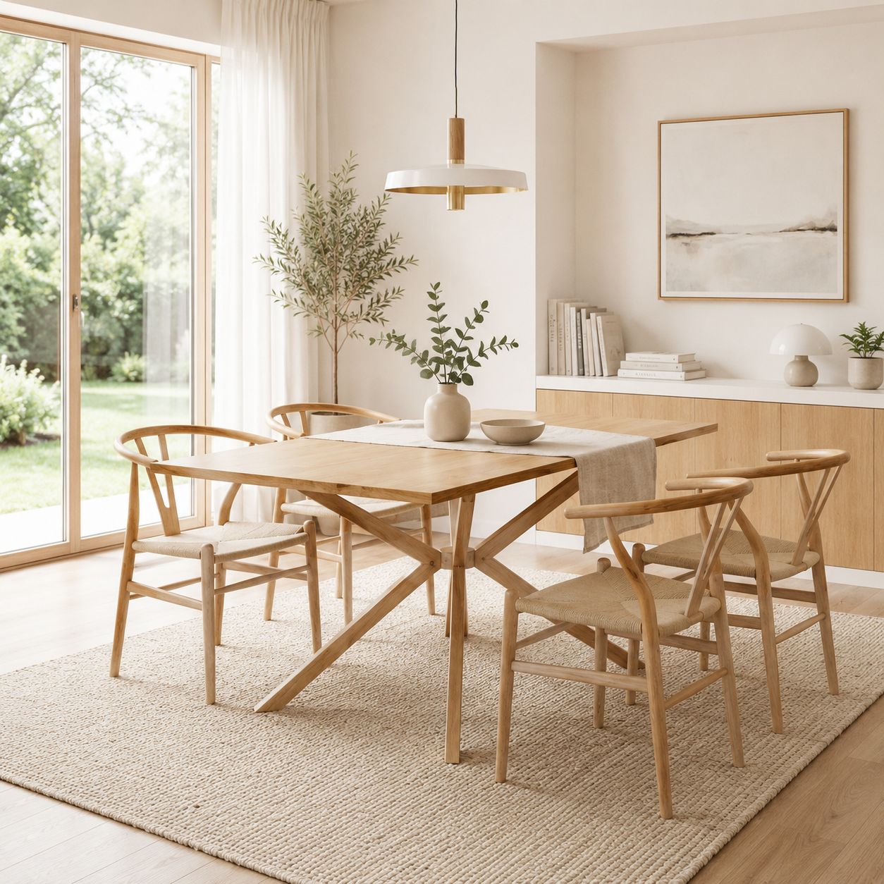 Mesa Rectangular Yarda Wood con 4 Sillas Wishbone Madera